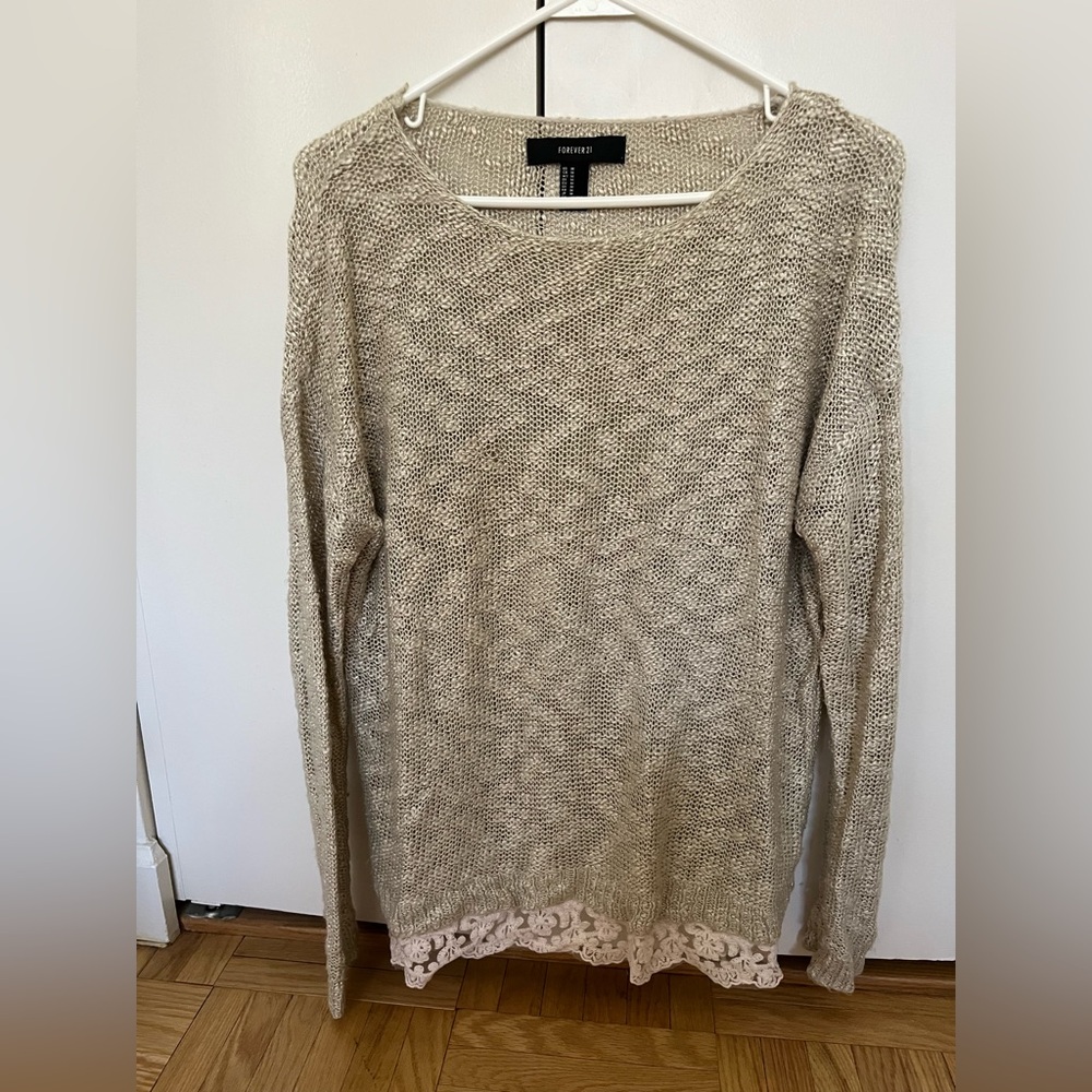 Cream/Brown Knit Sweater with Lace Bottom